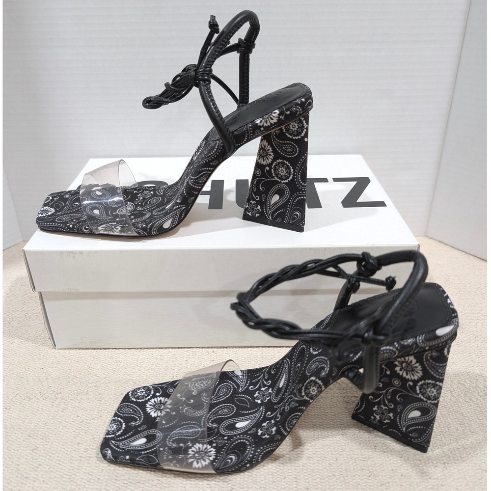 Schutz Black White Paisley Fabric Clear Strap Ankle Tie Block Heel Sandals 7.5B - Picture 6 of 11